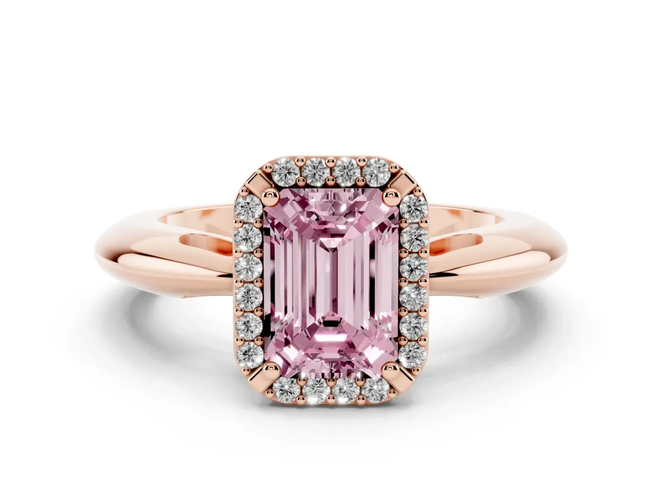 Fancy Pink Emerald Cut Diamond Halo Engagement Ring Set in Rose gold with Plain Split Shank and Prong Setting