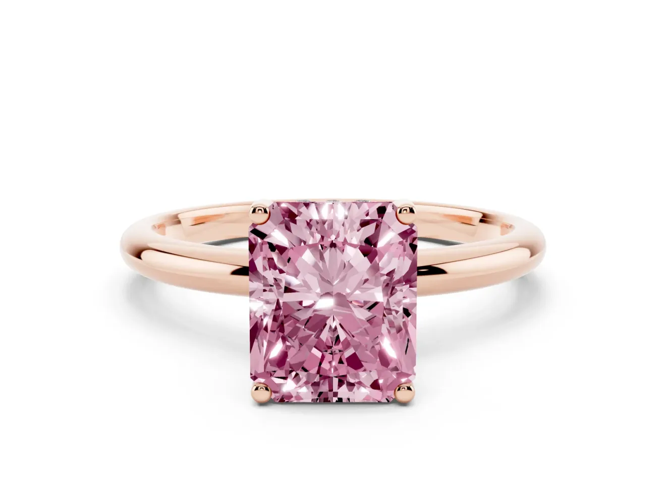 Fancy Pink Radiant Cut Diamond Solitaire Engagement Ring Set in Rose gold with Prong Setting and Polished Band