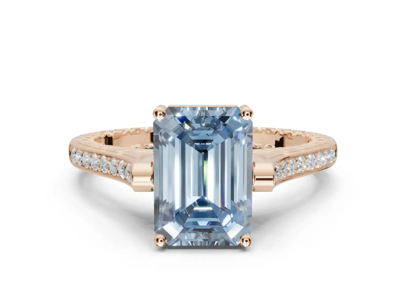 Emerald Cut Vintage Cathedral Engagement Ring Setting for a Fancy Blue Lab-Grown Diamond | Carved Band | Rose Gold