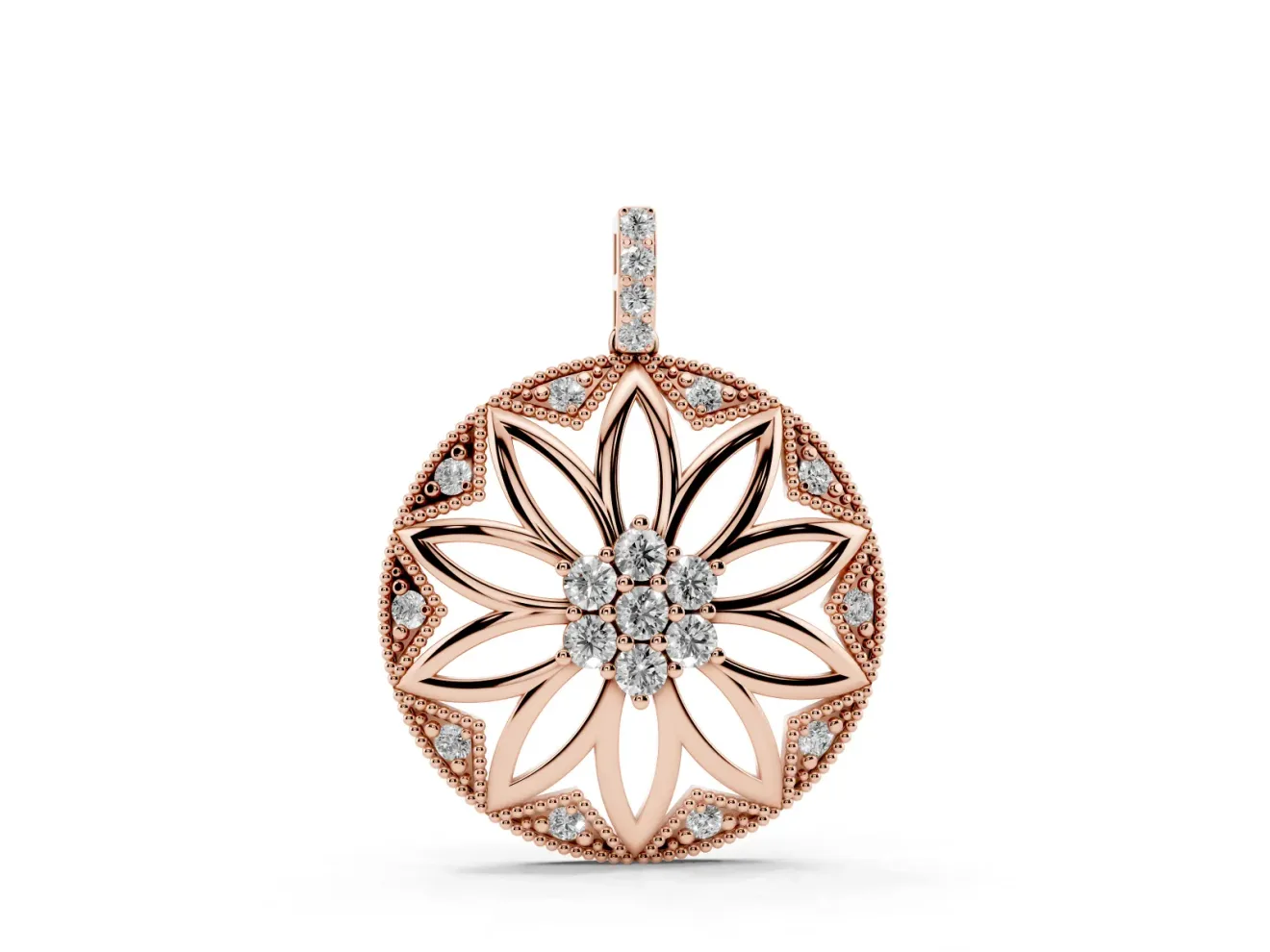 Round Lab-Grown Diamond Cluster Flower Pendant Necklace | Milgrain Frame | Rose Gold