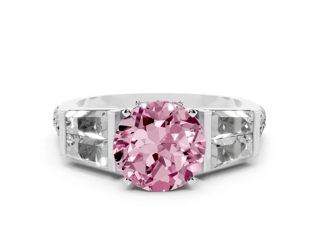 Fancy Pink Round Cut Diamond Engagement Ring Set in Silver with Baguette Side Stones and Channel Set Band