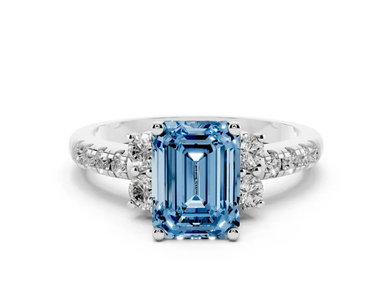 Emerald Cut Side Stone Engagement Ring Setting for a Fancy Blue Lab-Grown Diamond | Pave Band | Sterling Silver