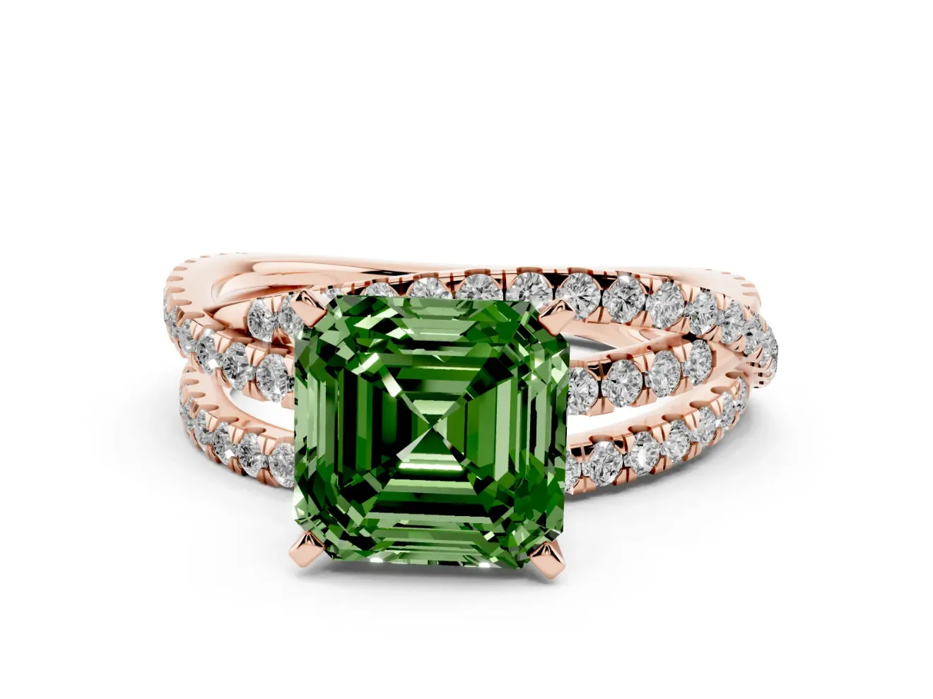 Fancy Green Asscher Cut Diamond Solitaire Twist Band Ring Set in Rose gold with Pavé Setting and Prong Head