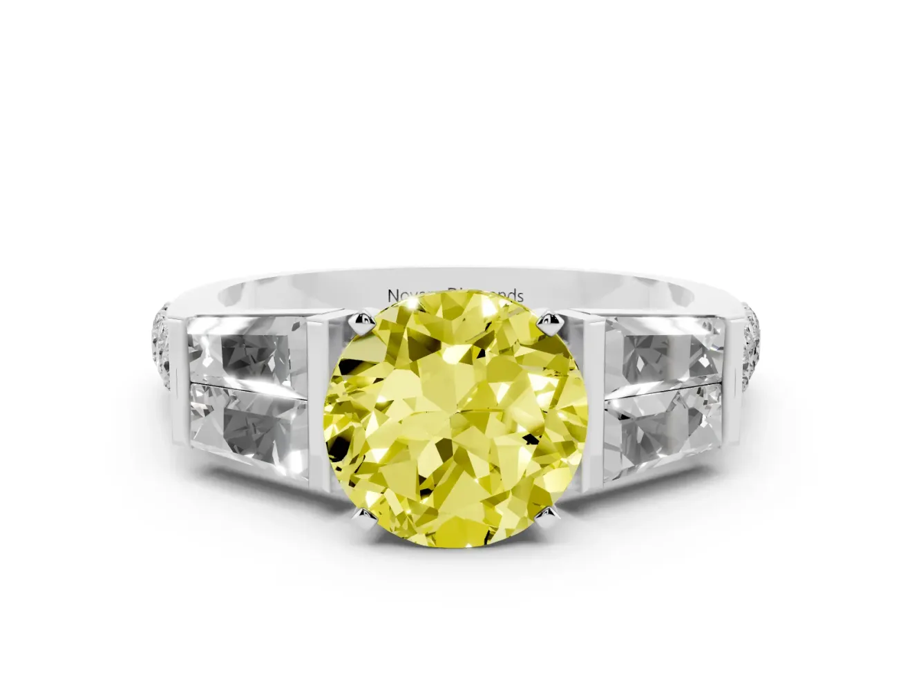 Fancy Yellow Round Cut Diamond Engagement Ring Set in White gold with Baguette Side Stones and Channel Set Band