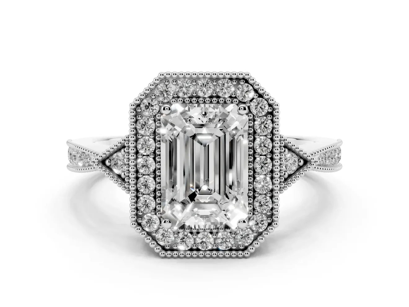 Emerald Cut Vintage Milgrain Halo Engagement Ring Setting | Graduated Pavé Band | Platinum