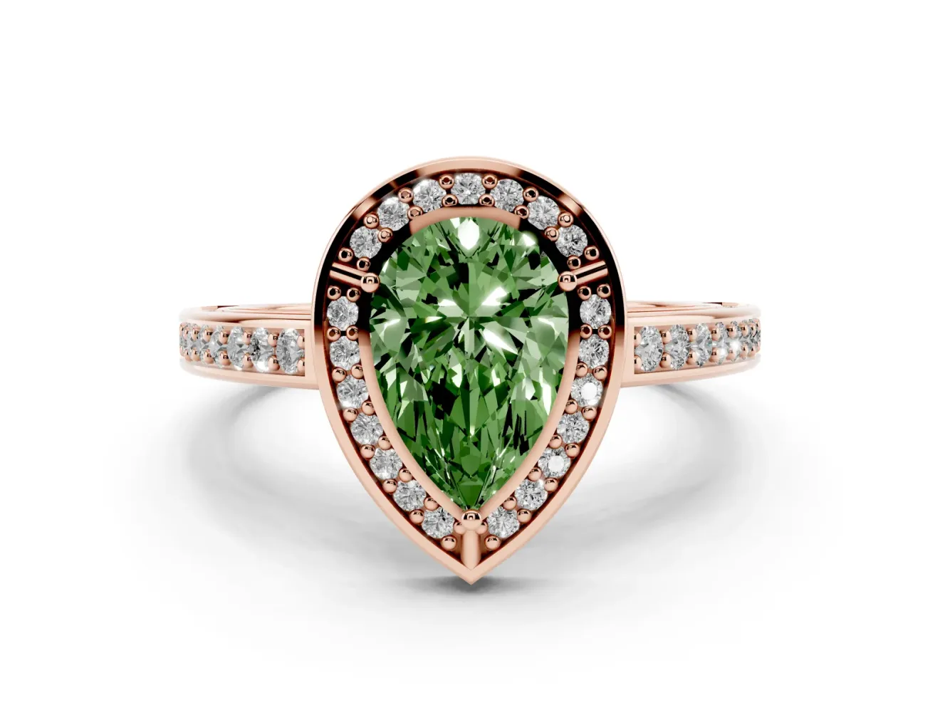 Fancy Green Pear Cut Diamond Halo Pavé Split Shank Ring Set in Rose gold with Prong Setting