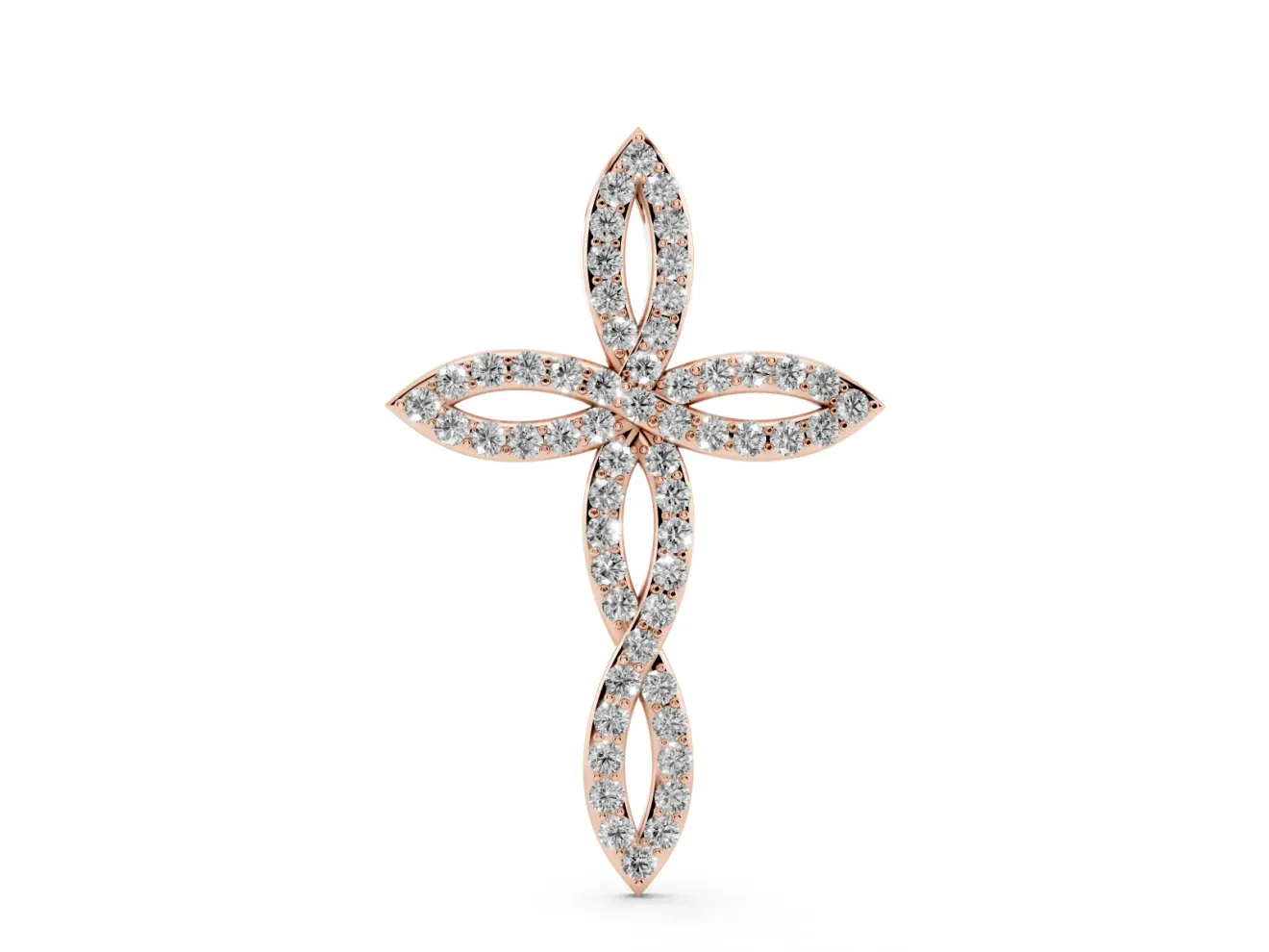 Round Lab-Grown Diamond Pavé Cross Pendant Necklace | Open Marquise Arms | Rose Gold