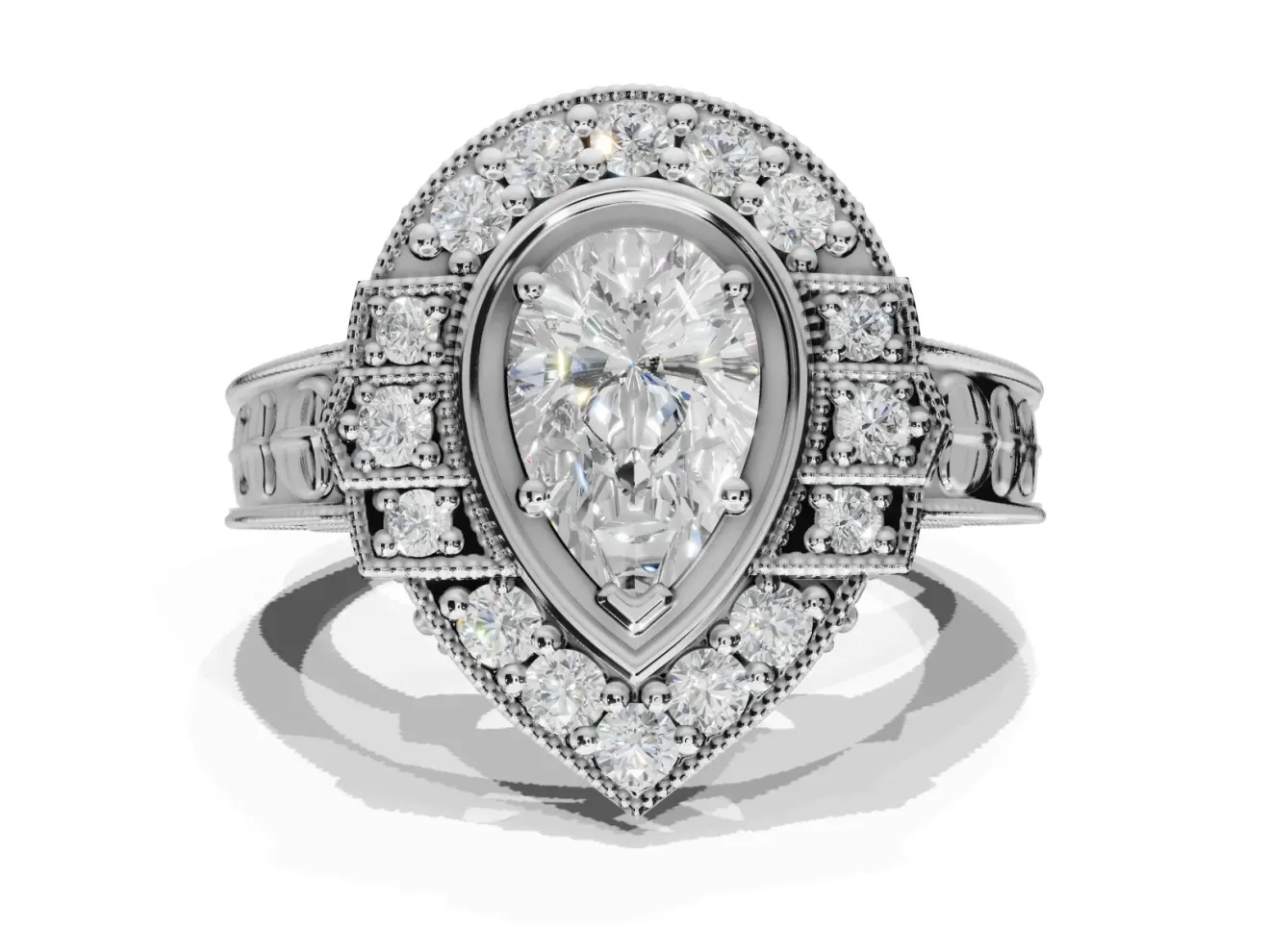 Pear-Shaped Vintage Halo Engagement Ring Setting | Art Deco Side Panels | Sterling Silver