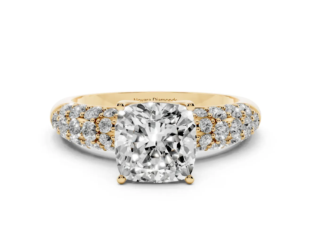 Cushion Cut Multi Row Pave Solitaire Engagement Ring Setting | Domed Shoulders | Yellow Gold