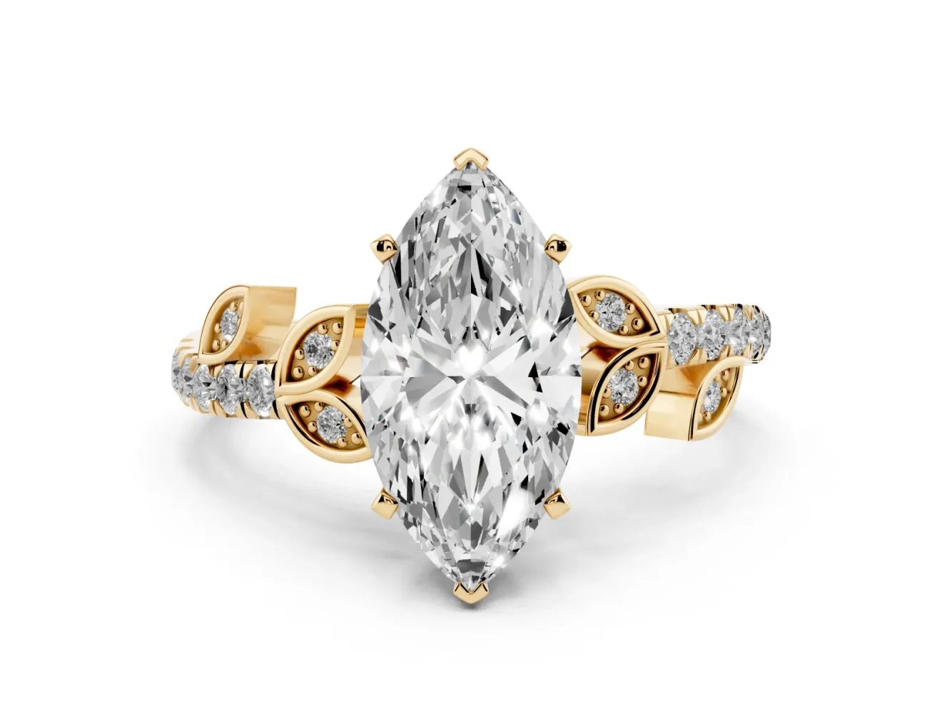 Marquise Leaf Pavé Engagement Ring Setting | Leaf Motif Shoulders | Yellow Gold