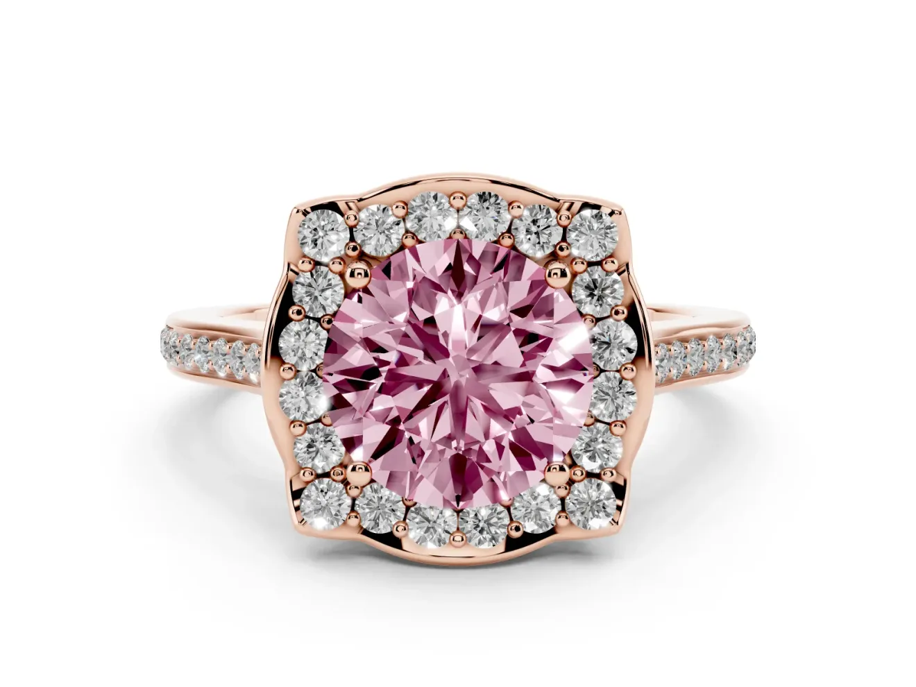 Round Halo Engagement Ring Setting for a Fancy Pink Lab-Grown Diamond | Petal Tips | Rose Gold