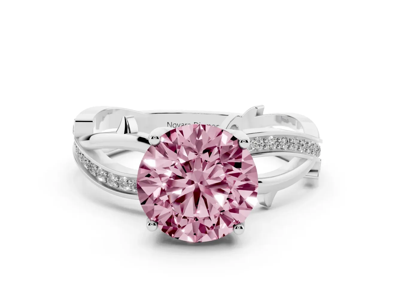 Fancy Pink Round Cut Diamond Pavé Twist Band Solitaire Ring Set in Silver with Prong Setting