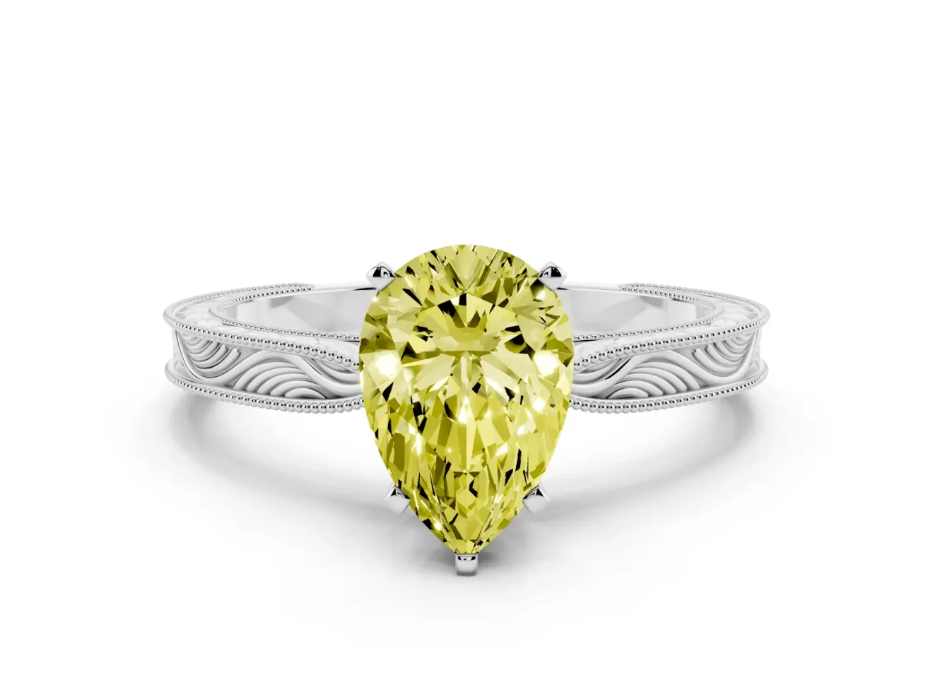 Pear-Shaped Engraved Engagement Ring Setting for a Fancy Yellow Lab-Grown Diamond | Sterling Silver