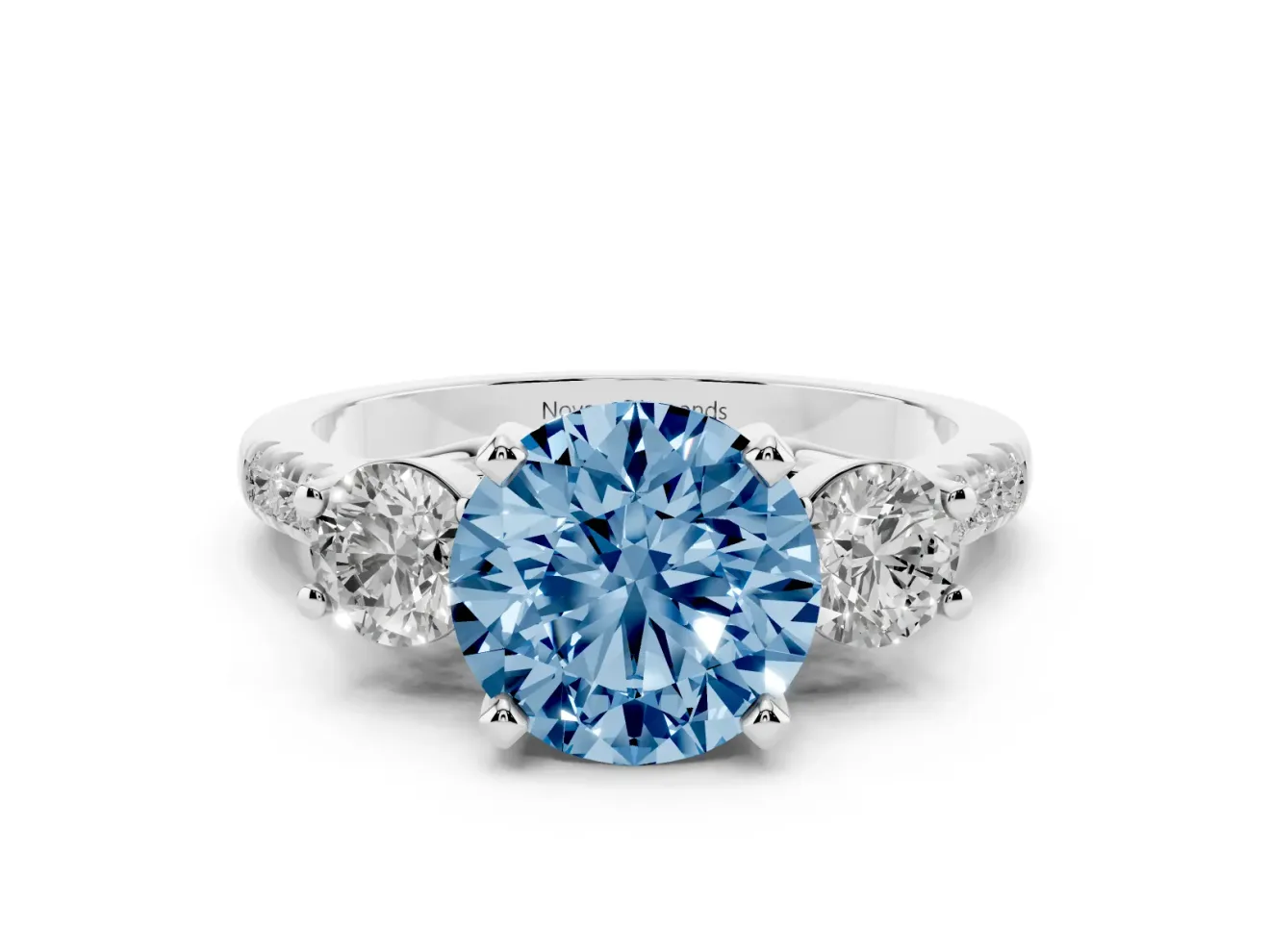 Fancy Blue Three-Stone Round Cut Diamond Pavé Band Ring Set in White gold with Prong-Set Trio