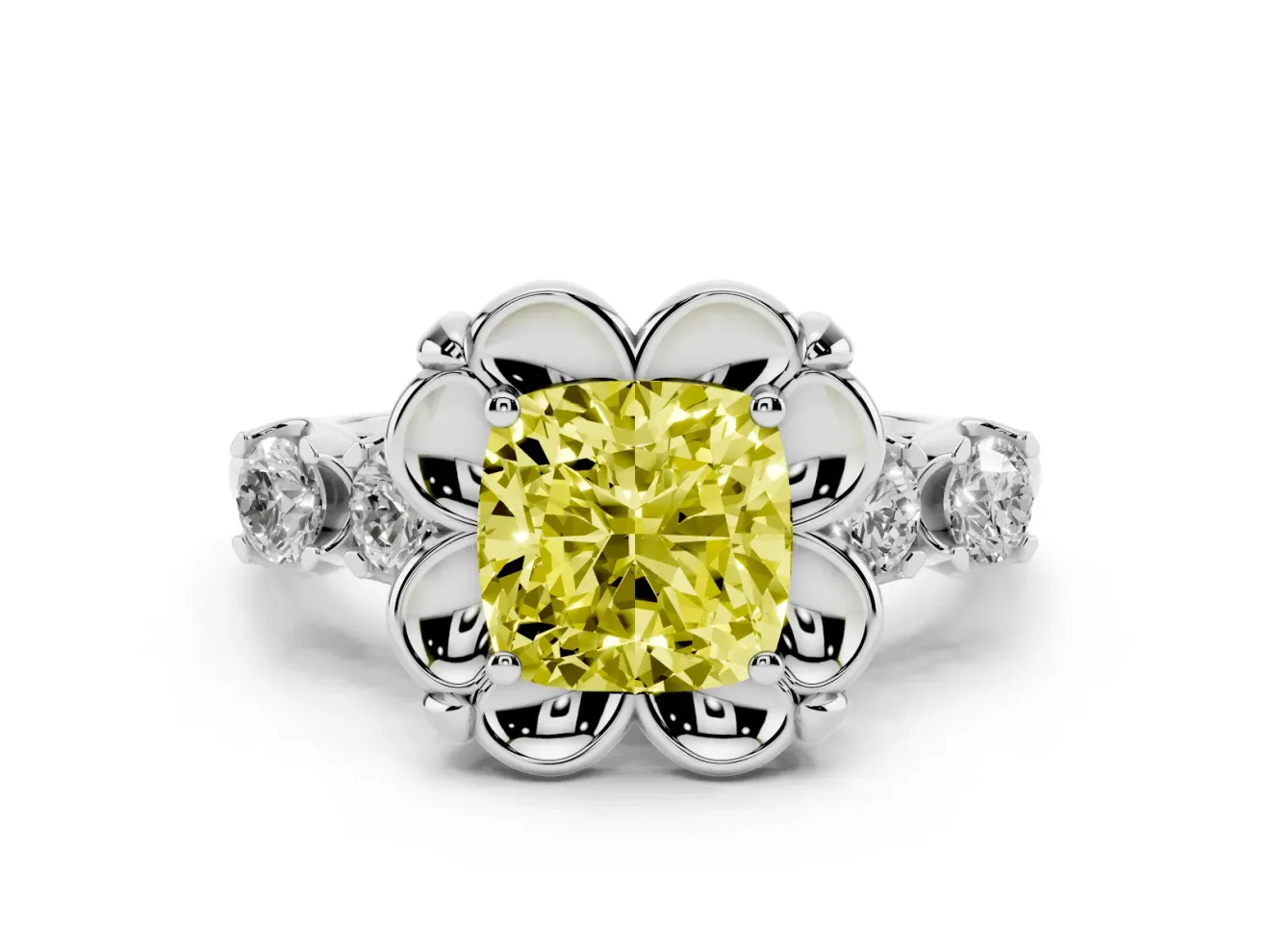 Cushion Cut Floral Engagement Ring Setting for a Fancy Yellow Lab-Grown Diamond | Petal Frame | White Gold