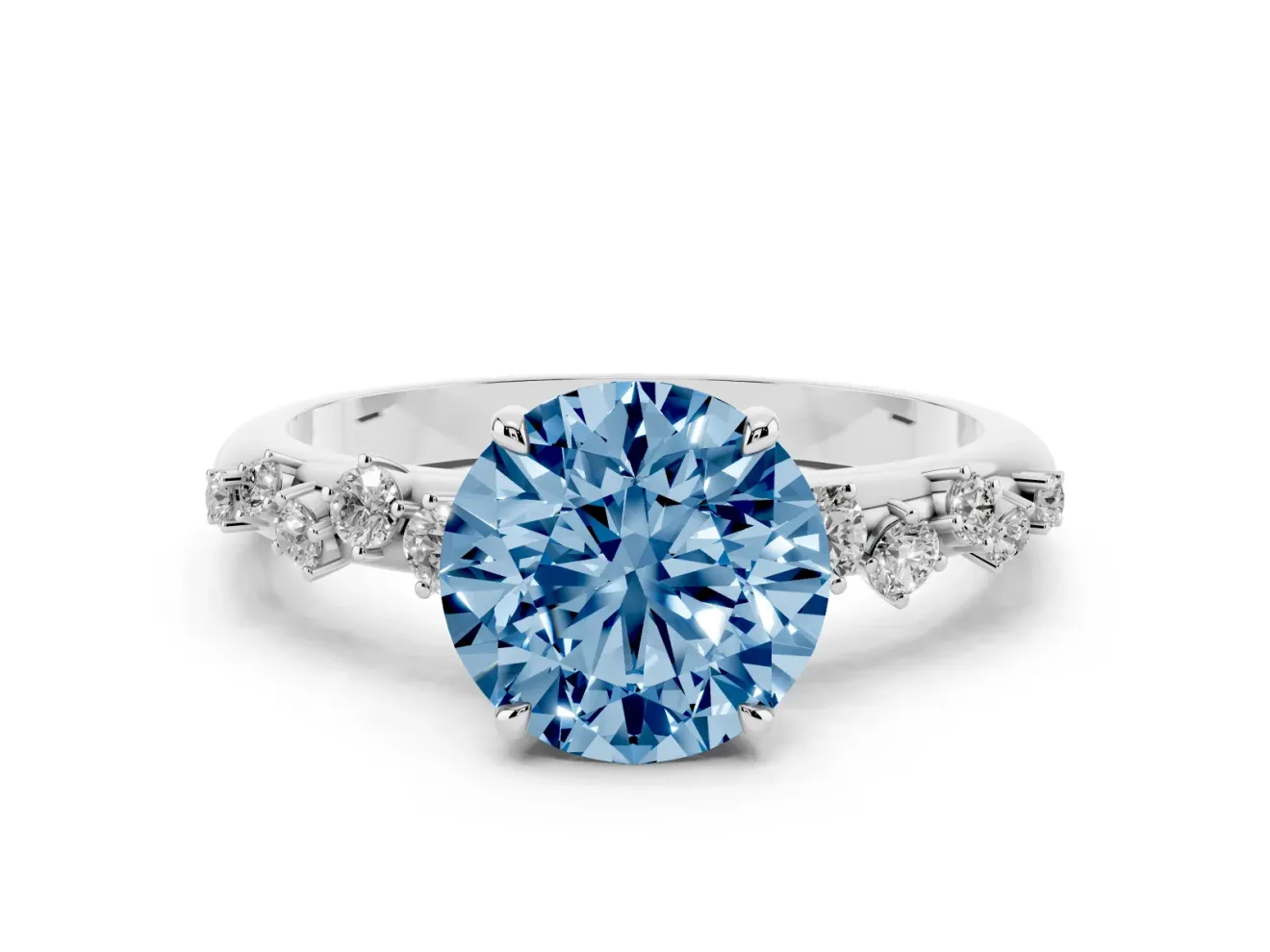 Fancy Blue Round Cut Diamond Cluster Solitaire Ring Set in White gold with Prong Setting