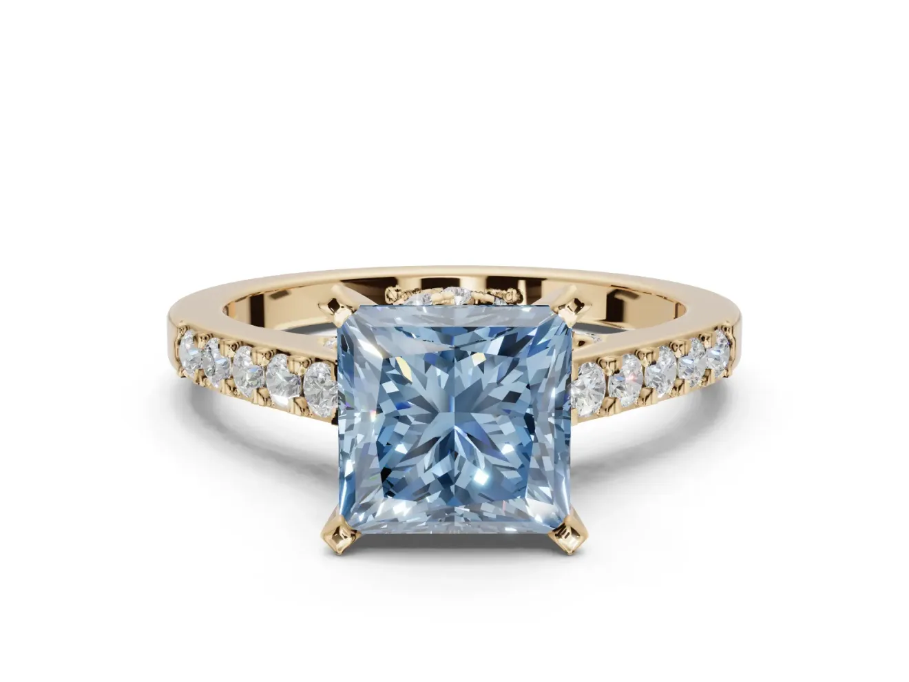 Princess Cut Pavé Solitaire Engagement Ring Setting for a Fancy Blue Lab-Grown Diamond | Crossover Gallery | Yellow Gold