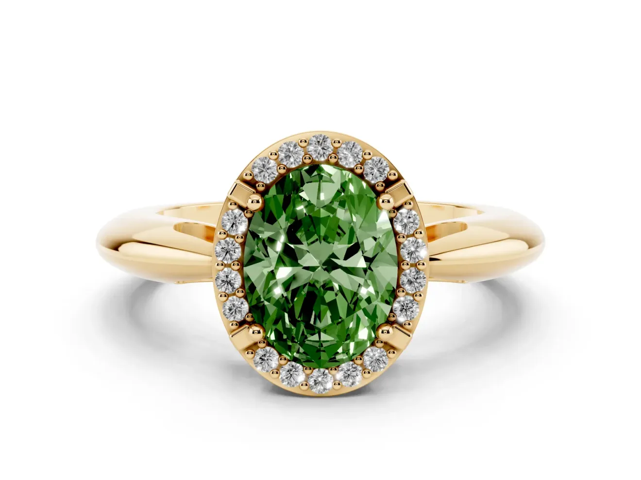 Fancy Green Oval Cut Diamond Halo Engagement Ring Set in Yellow gold with Plain Split Shank and Prong Setting