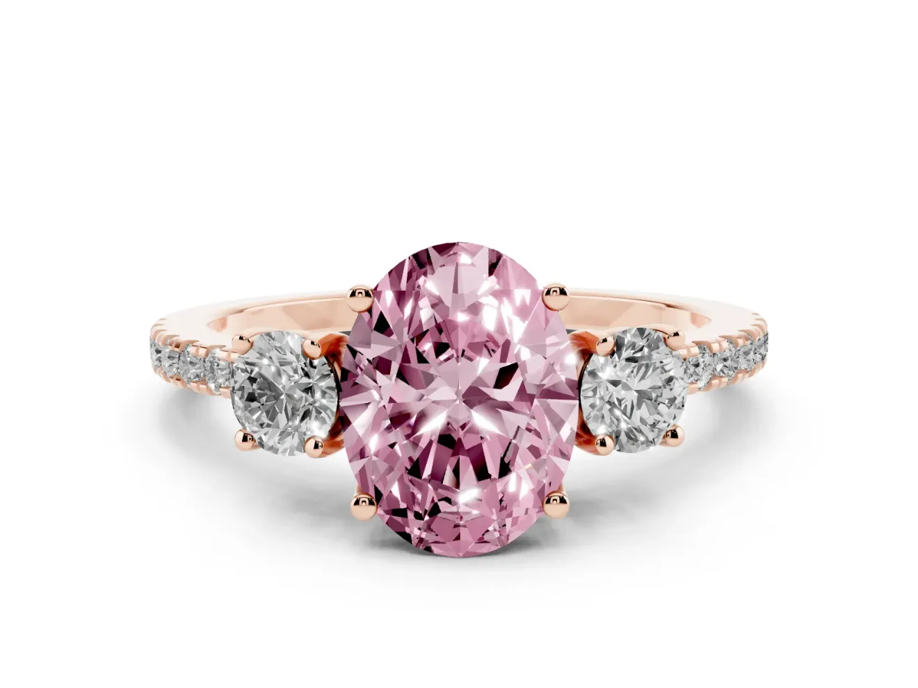 Fancy Pink Oval Cut Diamond Three-Stone Ring Set in Rose gold with Pavé Band and Graduated Sides
