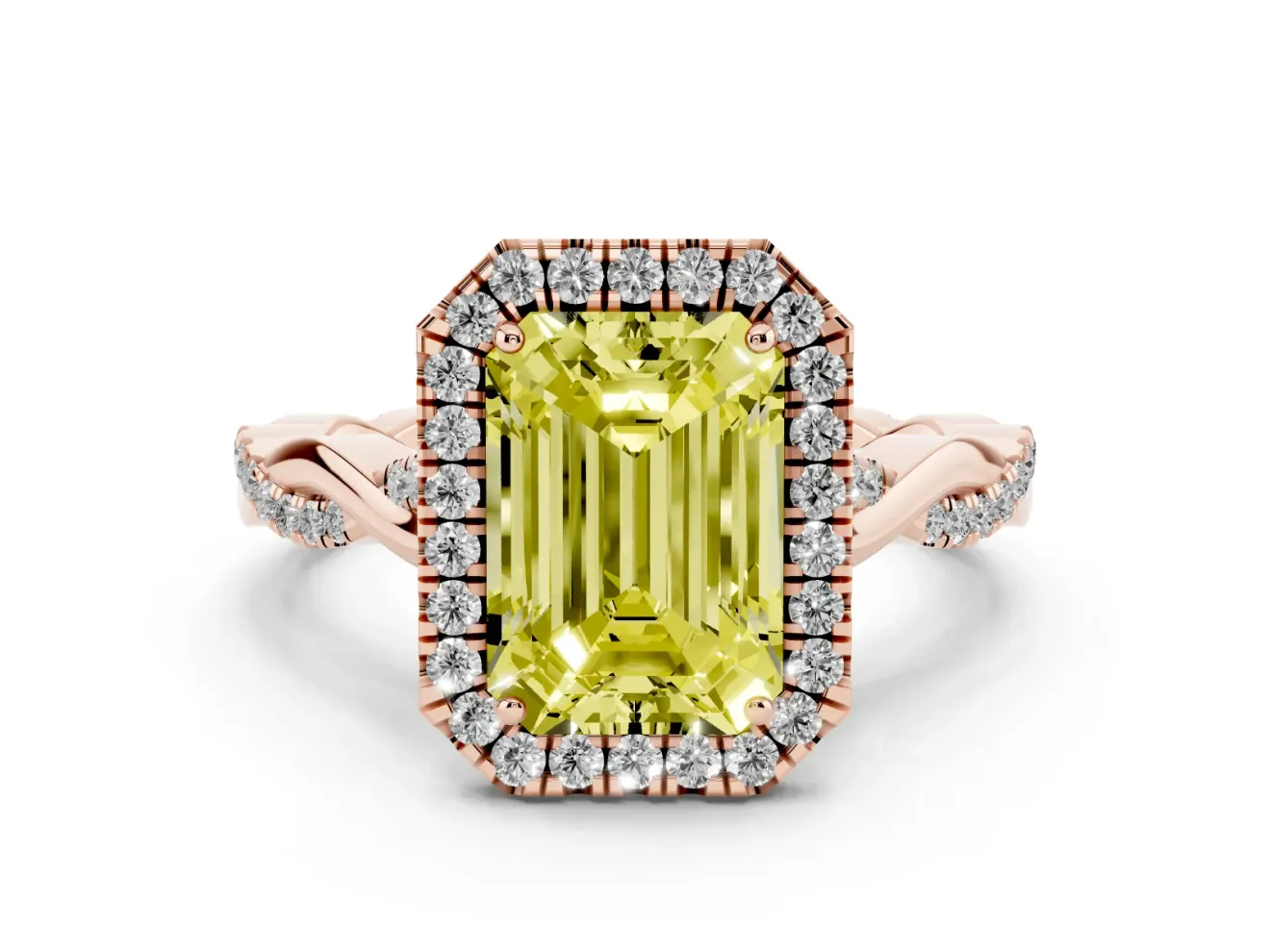 Emerald Cut Twist Halo Engagement Ring Setting for a Fancy Yellow Lab-Grown Diamond | Rose Gold