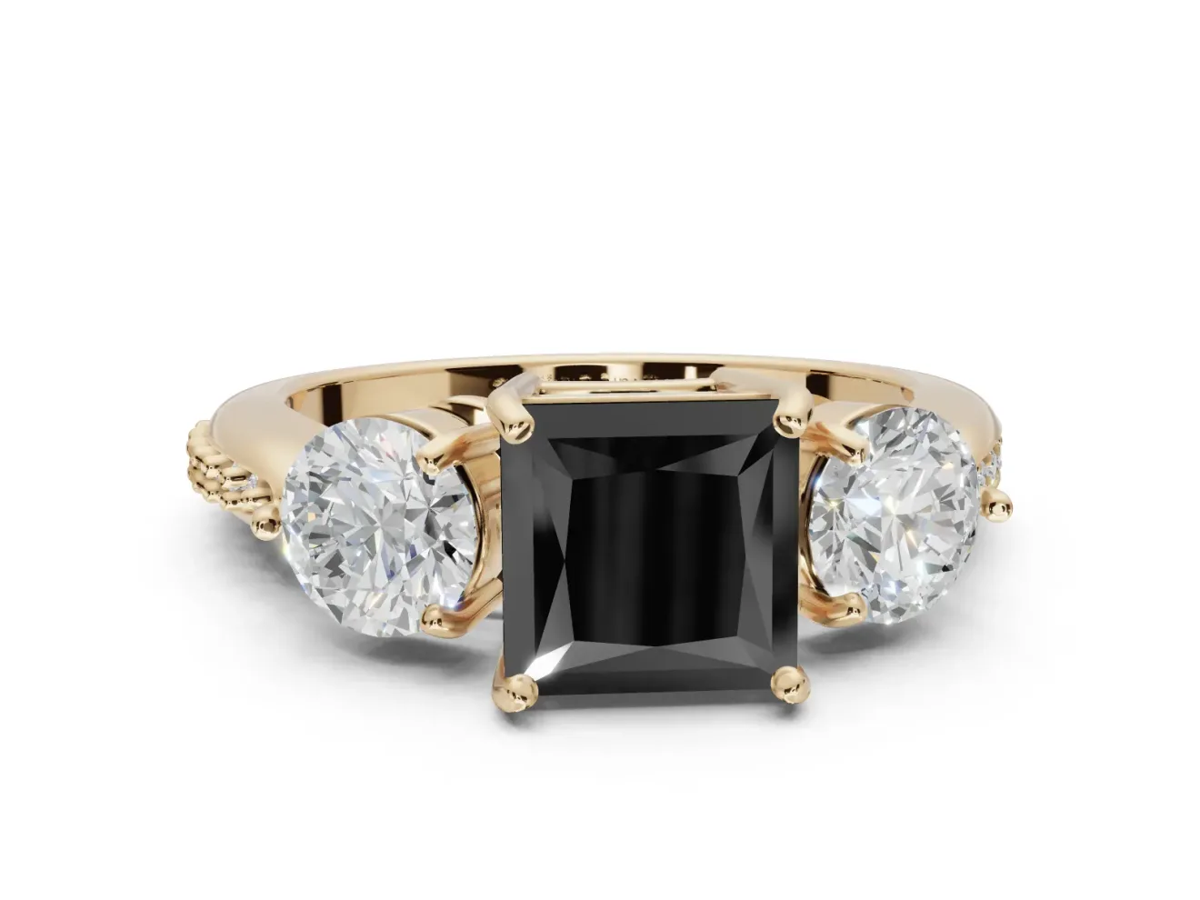 Fancy Black Princess Cut Lab-Grown Diamond Three-Stone Ring Set in Yellow Gold with Channel-Set Band and Prong Setting
