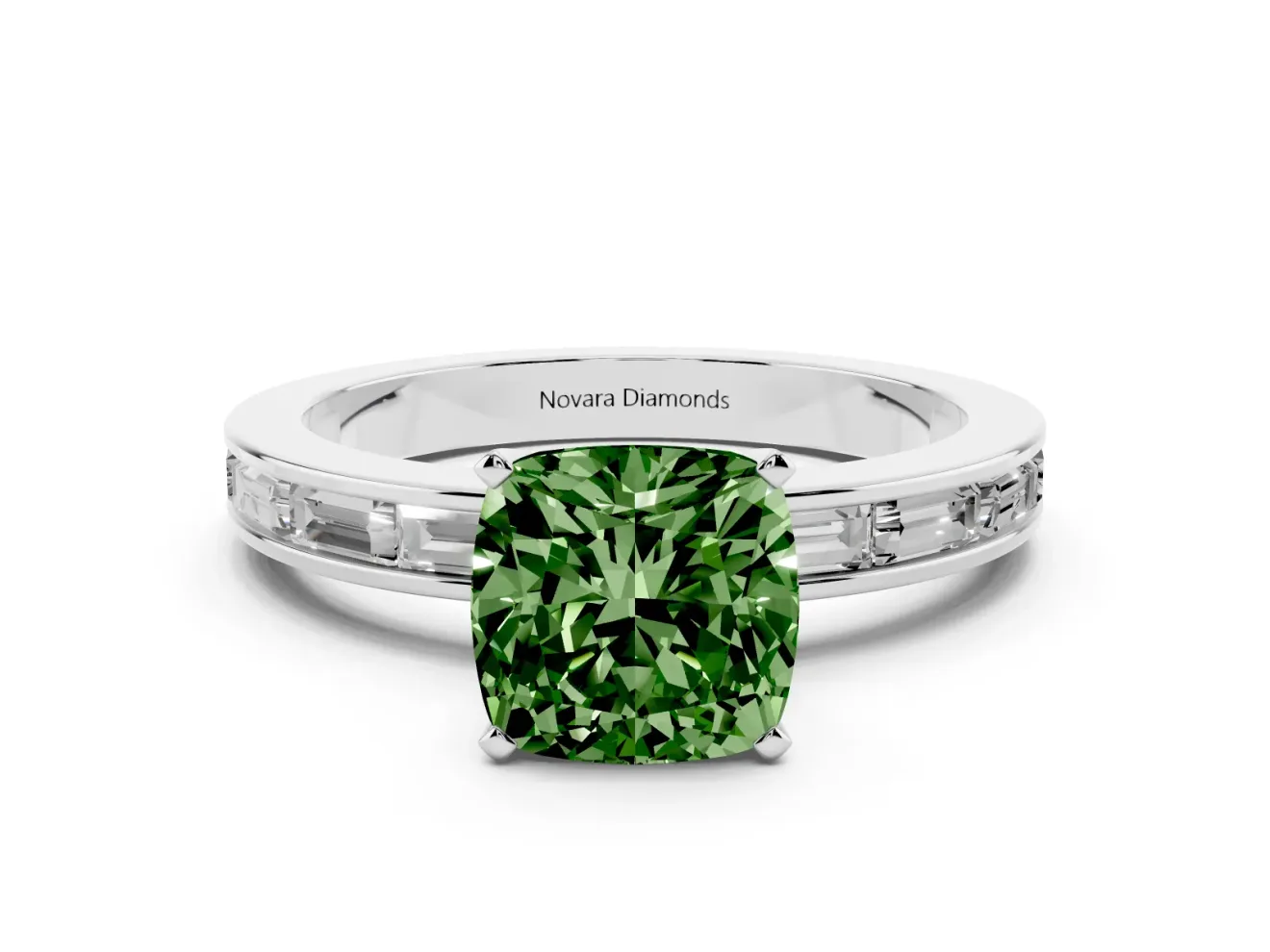 Fancy Green Cushion Cut Diamond Solitaire Ring Set in Silver with Channel-Set Baguette Band and Prong Setting