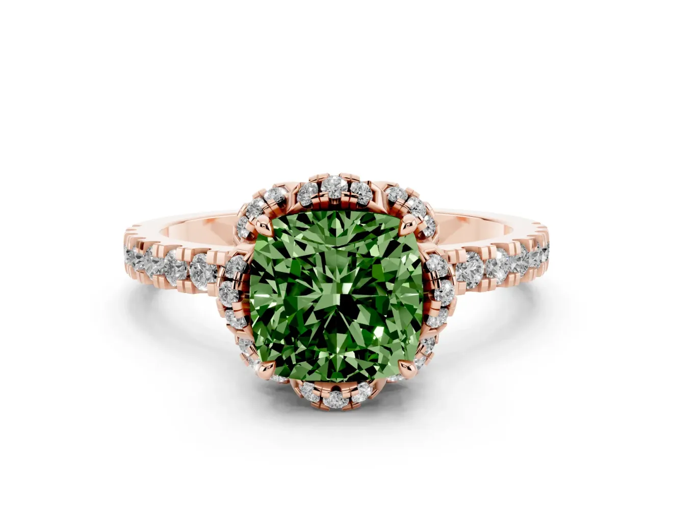 Cushion Cut Floral Petal Halo Engagement Ring Setting for a Fancy Green Lab-Grown Diamond | Pavé Band | Rose Gold