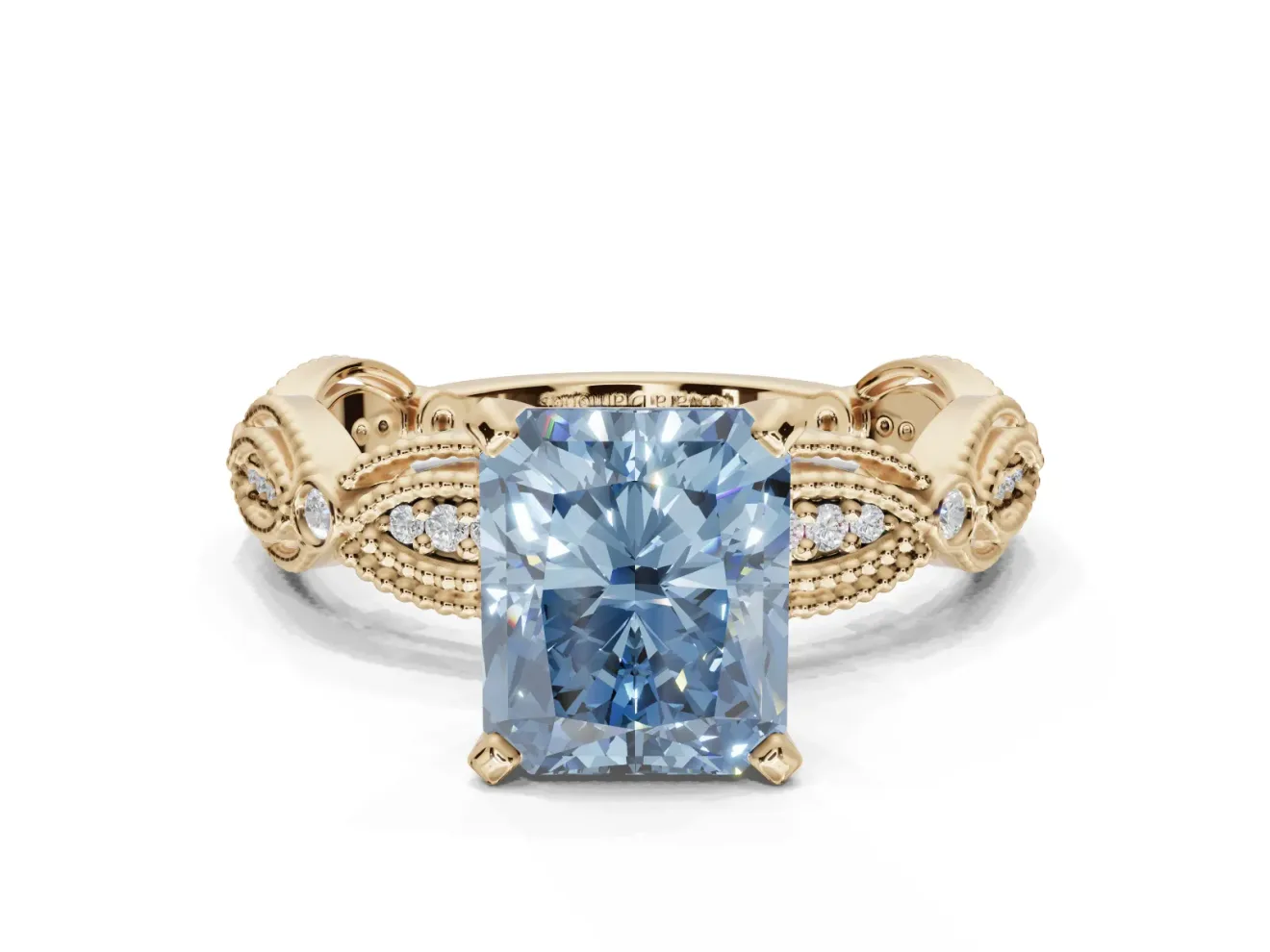 Radiant Cut Vintage Engagement Ring Setting for a Fancy Blue Lab-Grown Diamond | Graduated Stations | Yellow Gold