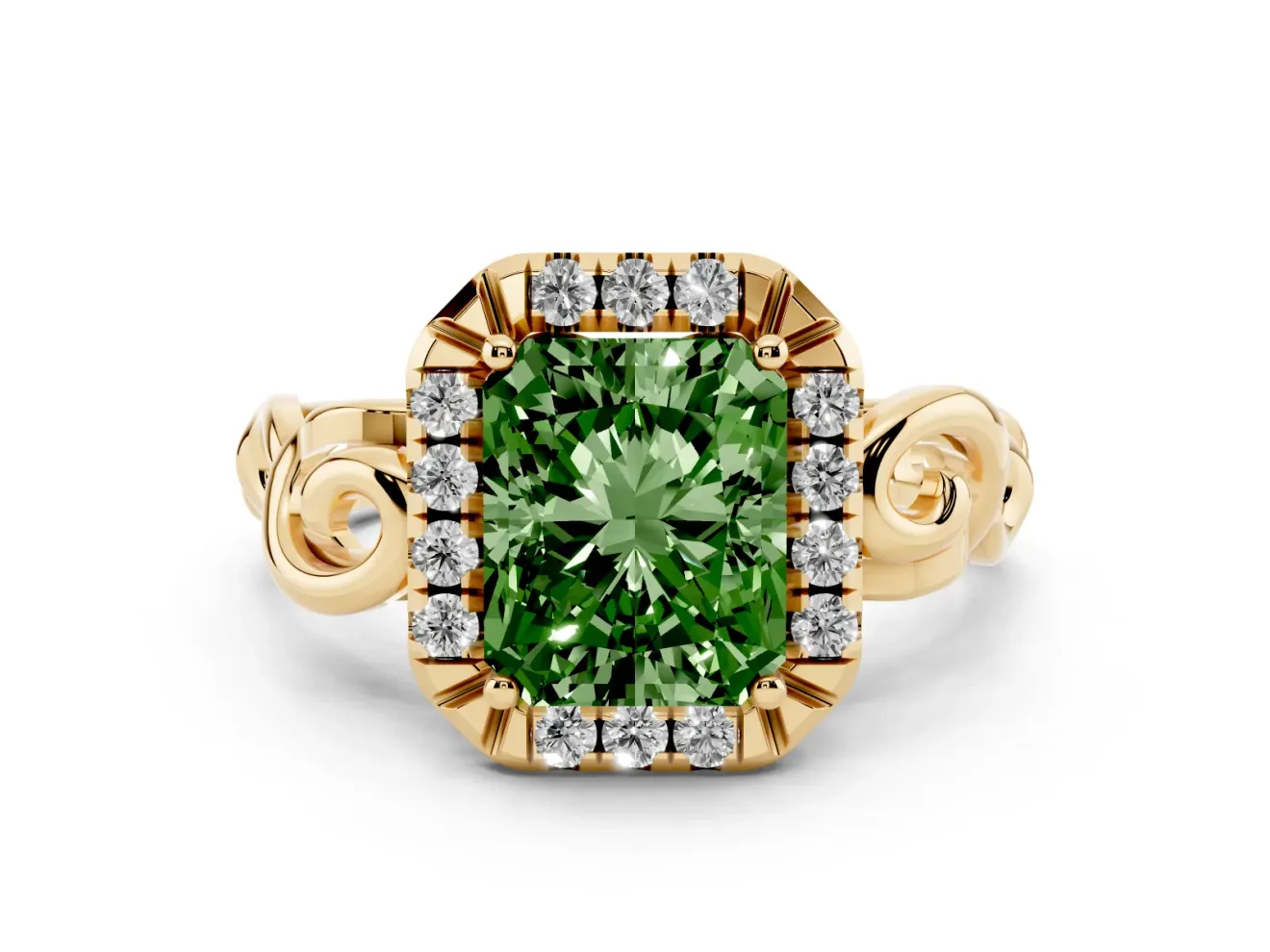 Radiant Cut Filigree Halo Engagement Ring Setting for a Fancy Green Lab-Grown Diamond | Yellow Gold