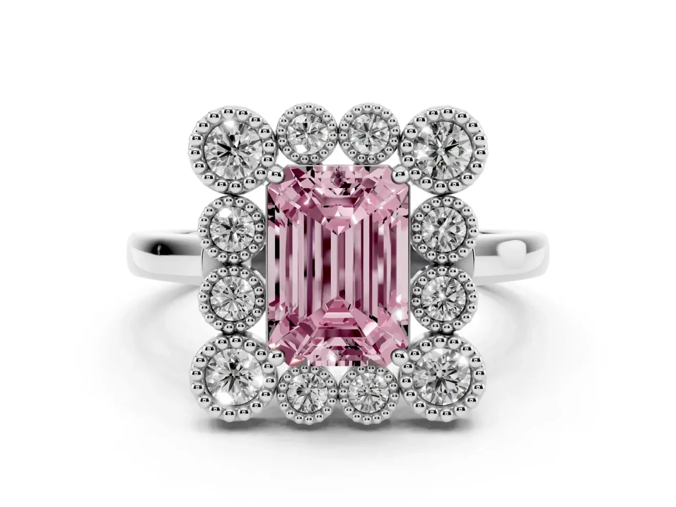 Emerald Cut Milgrain Cluster Halo Engagement Ring Setting for a Fancy Pink Lab-Grown Diamond | Plain Band | Platinum