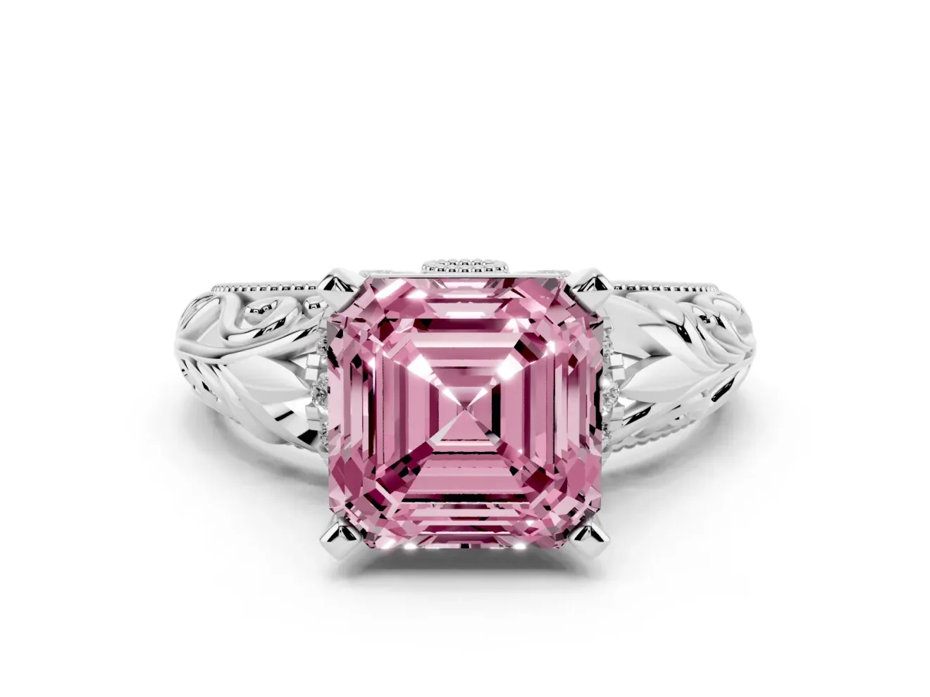Fancy Pink Asscher Cut Diamond Filigree Halo Engagement Ring Set in White gold with Prong Setting