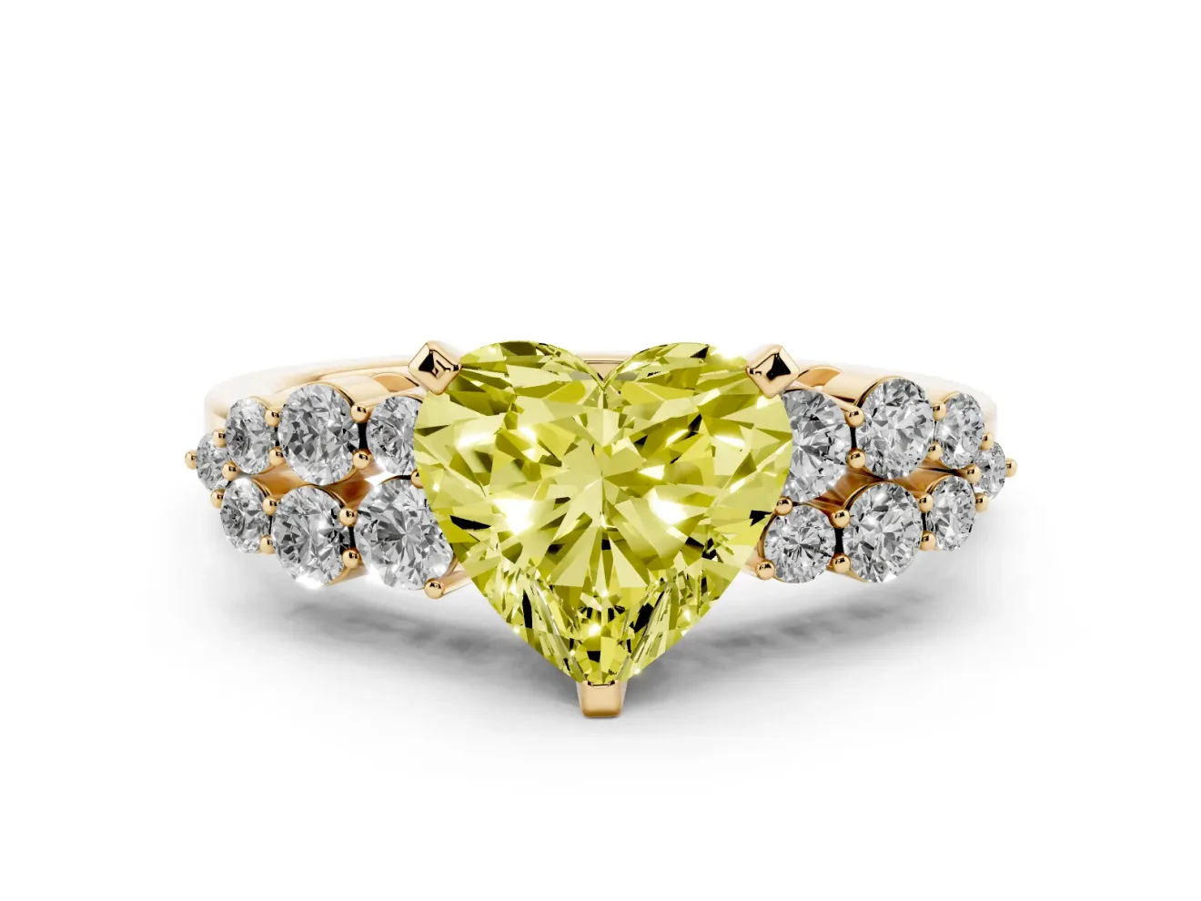 Fancy Yellow Heart Cut Diamond Cluster Engagement Ring Set in Yellow gold with Pavé Band and Prong Setting