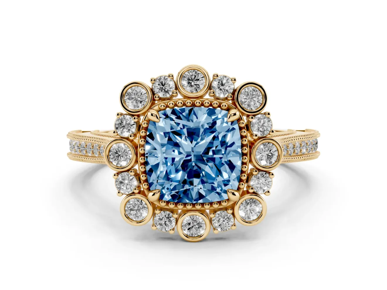 Cushion Cut Scalloped Halo Engagement Ring Setting for a Fancy Blue Lab-Grown Diamond | Milgrain Edges | Yellow Gold