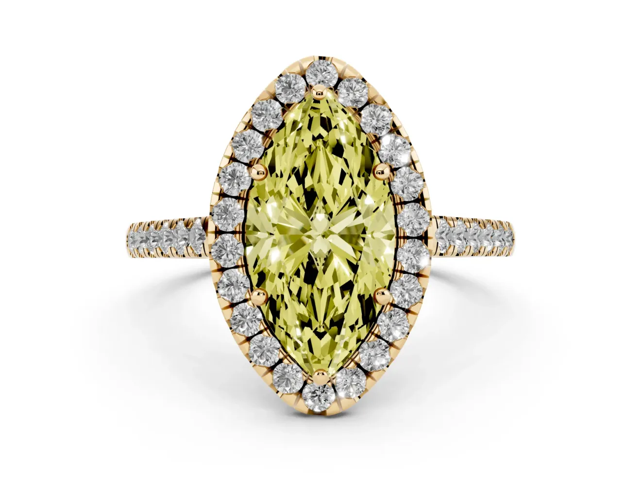 Marquise Halo Engagement Ring Setting for a Fancy Yellow Lab-Grown Diamond | Pave Shoulders | Yellow Gold