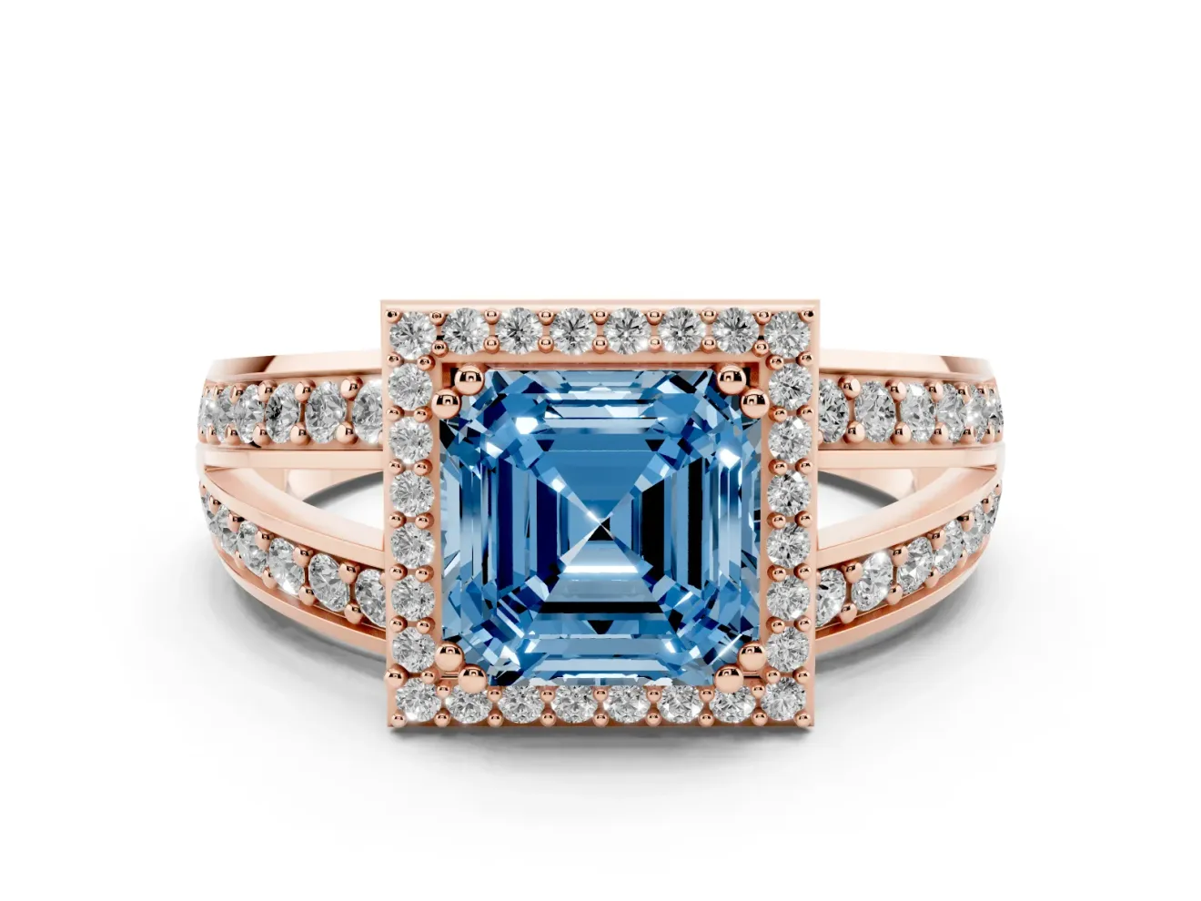 Asscher Cut Halo Engagement Ring Setting for a Fancy Blue Lab-Grown Diamond | Two-Row Pave Split Shank | Rose Gold