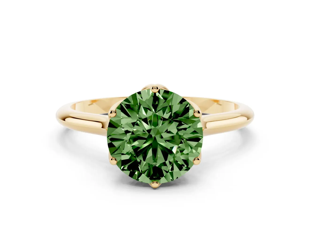 Fancy Green Round Cut Diamond Solitaire Cathedral Ring Set in Yellow gold with Prong Setting