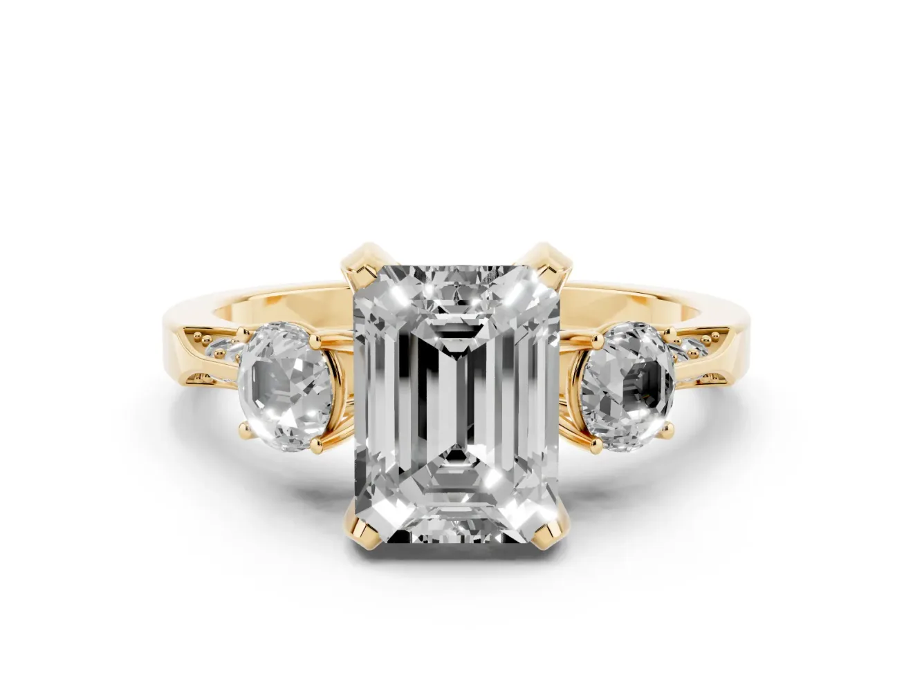 Emerald Cut Hidden Halo Three Stone Engagement Ring Setting for a Fancy Blue Lab-Grown Diamond | Yellow Gold