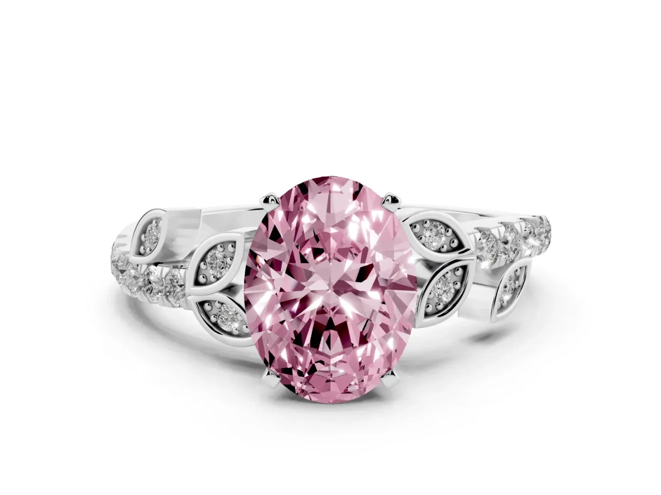 Oval Leaf Pavé Engagement Ring Setting for a Fancy Pink Lab-Grown Diamond | Sterling Silver