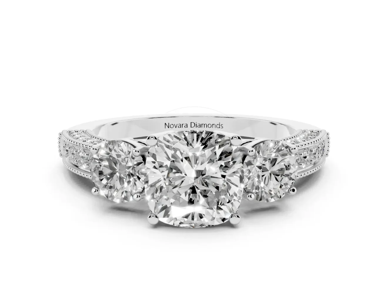 Cushion Cut Vintage Three Stone Engagement Ring Setting | Graduated Milgrain Pave | White Gold