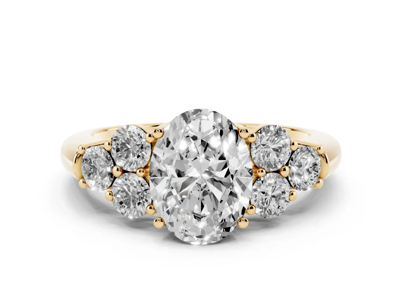Oval Side Stone Engagement Ring Setting | Triangle Side Clusters | Yellow Gold