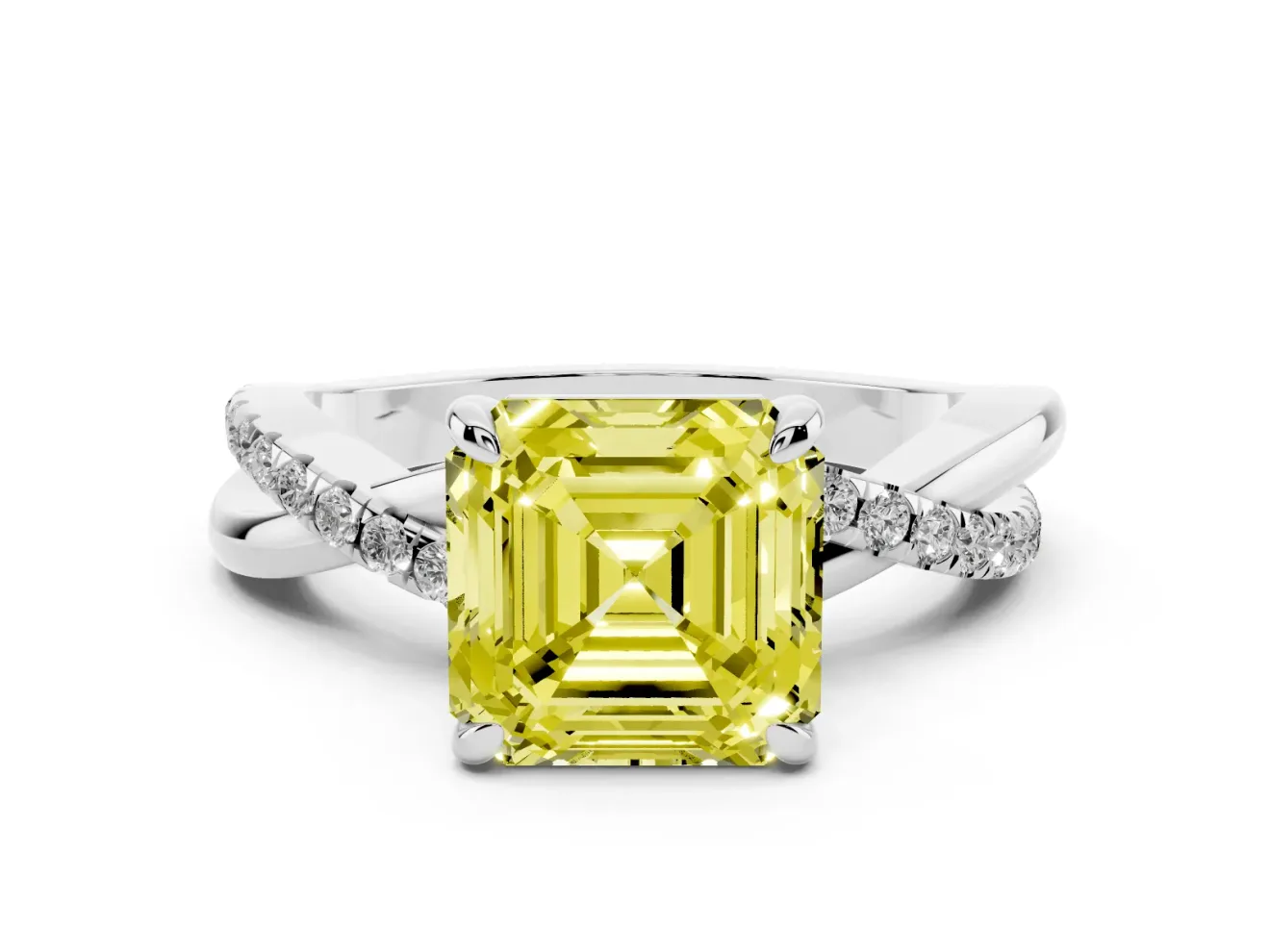 Fancy Yellow Asscher Cut Diamond Twist Band Solitaire Set in Silver with Pavé Accents and Prong Setting