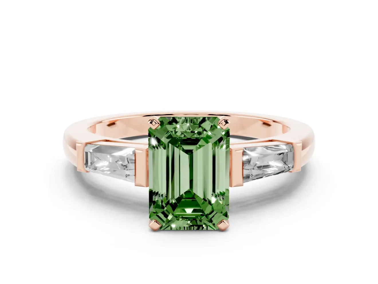 Fancy Green Emerald Cut Diamond Solitaire Ring Set in Rose gold with Tapered Baguette Side Stones and Prong Setting
