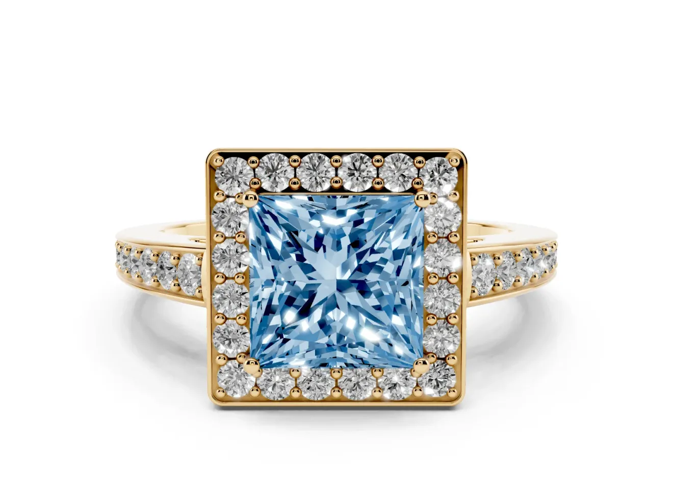 Fancy Blue Princess Cut Diamond Halo Pavé Engagement Ring Set in Yellow gold with Bezel Setting
