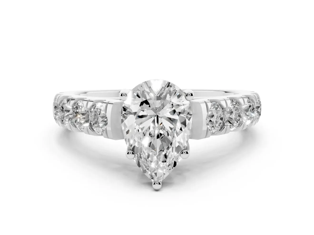 Pear-Shaped Cut-Down Side Stone Engagement Ring Setting | Scalloped Shoulders | White Gold