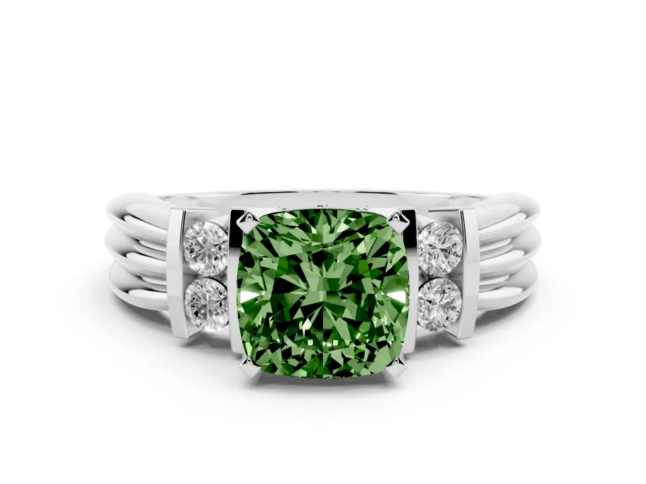 Fancy Green Three-Stone Cushion Cut Diamond Channel Set Ring Set in Silver with Bar Prongs