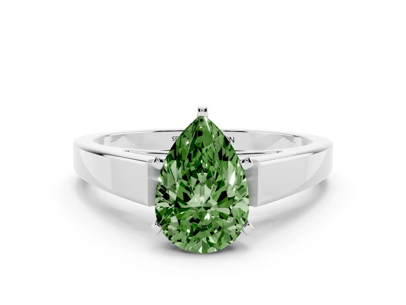 Fancy Green Pear Cut Diamond Solitaire Engagement Ring Set in Silver with Prong Setting and Tapered Band
