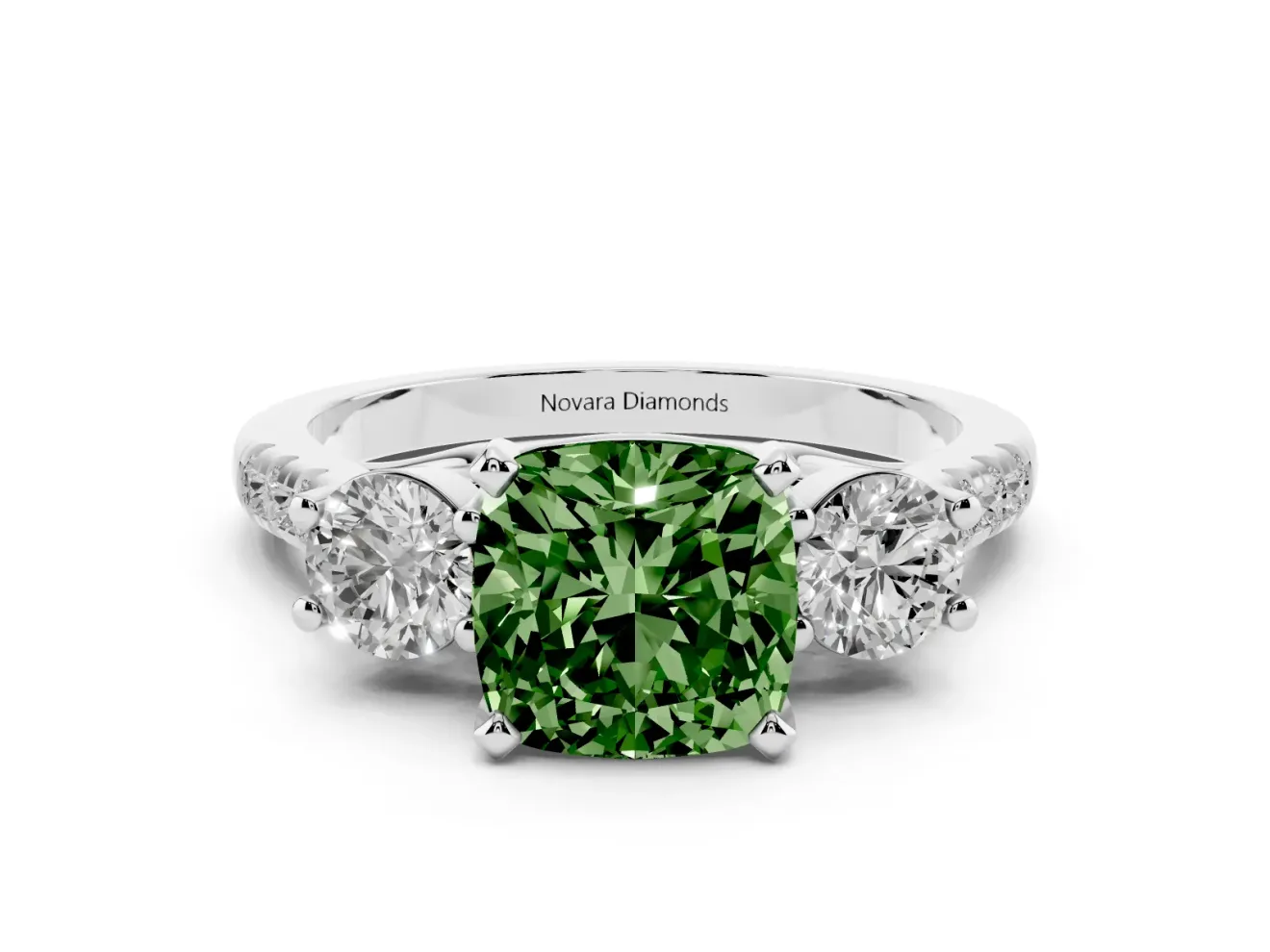 Cushion Cut Three-Stone Engagement Ring Setting for a Fancy Green Lab-Grown Diamond | White Gold