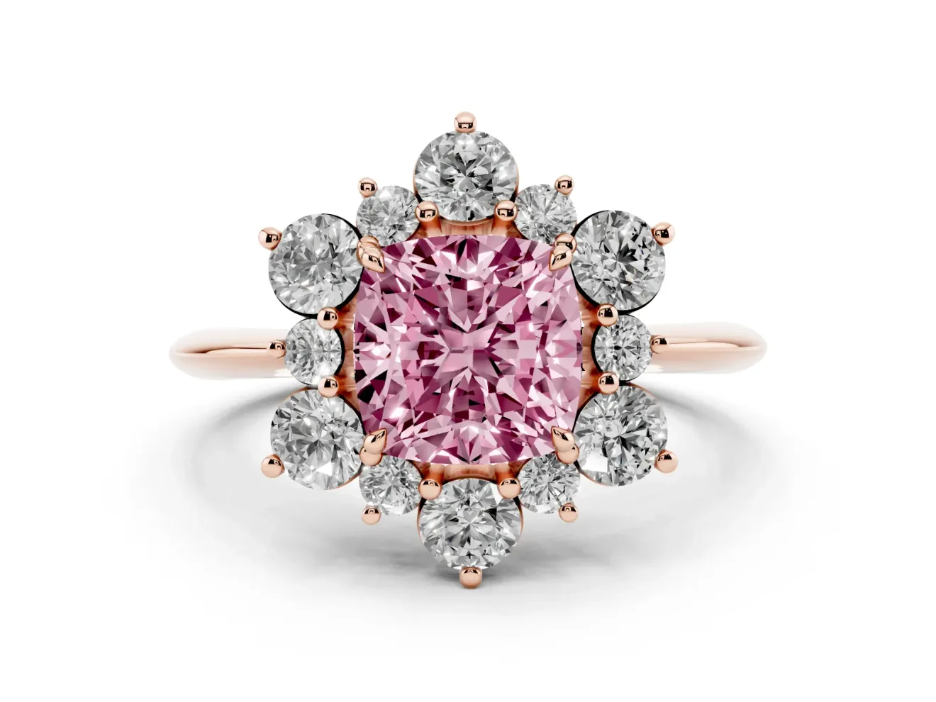 Cushion Cut Cluster Halo Engagement Ring Setting for a Fancy Pink Lab-Grown Diamond | Rose Gold