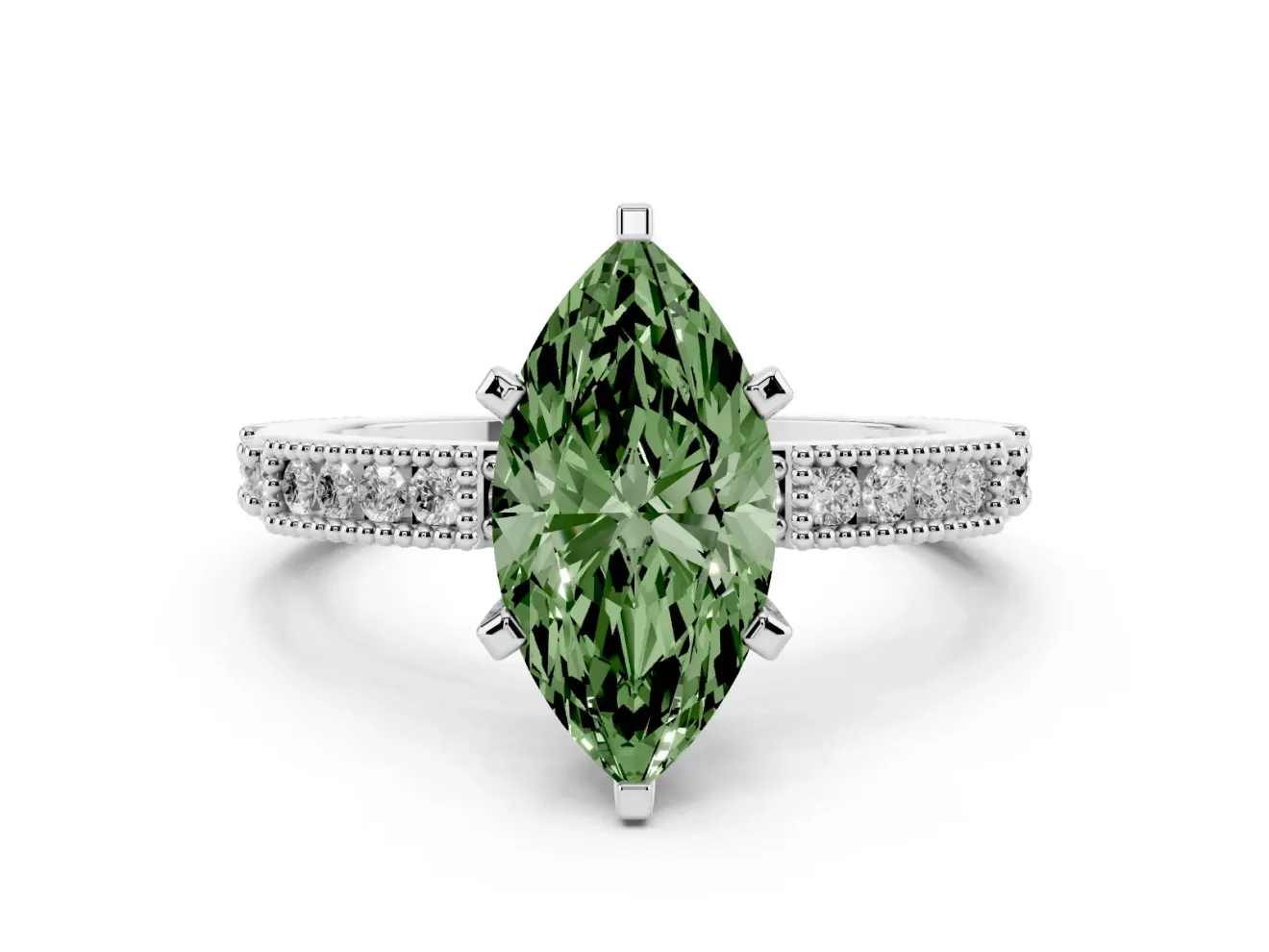 Fancy Green Marquise Cut Diamond Solitaire Ring Set in Silver with Slim Pavé Band and Prong Setting