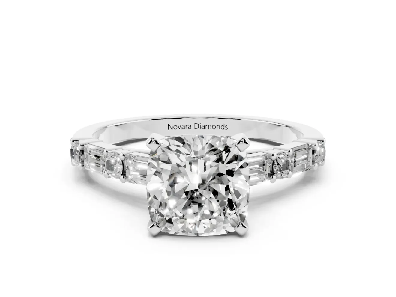 Cushion Cut Diamond Solitaire Set in Platinum with Side Baguettes and Channel Set Band